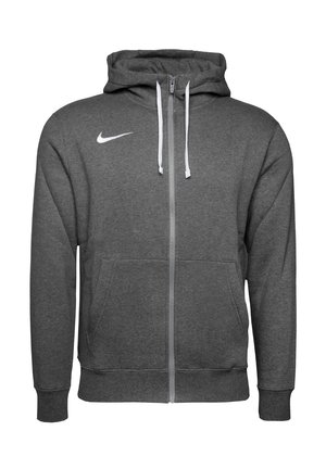 Sweat à capuche Nike gris foncé à fermeture éclair complète avec cordons blancs, poches kangourou, poignets et ourlet côtelés, et logo Nike swoosh blanc sur la poitrine.