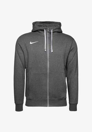 Dunkelgrauer Nike-Kapuzenpullover mit durchgehendem Reißverschluss, weißen Kordelzügen, Kängurutaschen, gerippten Bündchen und Saum sowie einem weißen Nike-Swoosh-Logo auf der Brust.