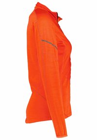 Pomarańczowa koszula z długim rękawem, z wysokim kołnierzem i odblaskowym akcentem. Gładka faktura, dopasowany krój, wyraźne szwy i casualowy styl.