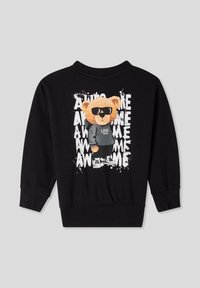 Felpa nera con grafica di un orso che indossa occhiali da sole e cappuccio, testo stampato in bianco e polsini e fondo a costine.