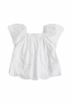 Weiße Bluse mit kurzen Ärmeln, quadratischem Ausschnitt, Lochstickerei und gewelltem Saum aus leichtem Stoff.