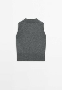Sleeveless gray knit sweater vest with ribbed collar and hem, displayed flat on a white background, shown from the back.