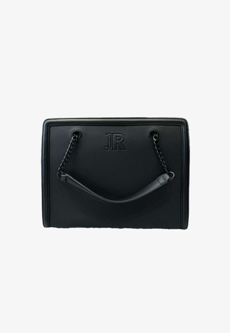 Borsa tote in pelle nera con logo "JR" embossato, texture liscia, forma rettangolare e doppi manici con dettagli a catena.