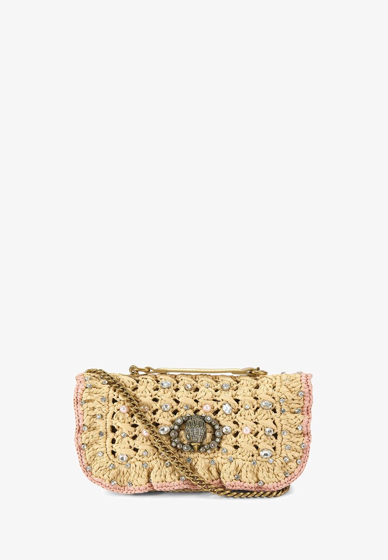 Beige crocheted clutch with pink trim, decorated with rhinestones and pearls, featuring a gold hand-shaped clasp and a gold chain strap.
