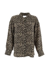 Camicia a fantasia zebra realizzata in tessuto morbido, con chiusura a bottoni, colletto e maniche lunghe, nei colori nero e beige.