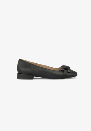 Black leather ballet flats with a small block heel, featuring a rounded toe and a decorative bow with metallic accents on the front.