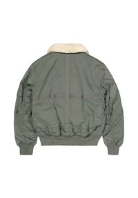 Giacca bomber verde oliva con polsini e banda in costina, con colletto in shearling color crema, vista da dietro.