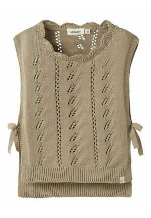 Beige strikket ærmeløs vest med bølget halsudskæring, hulmønstre og kabelmønstre, sidestropper og ribkant, størrelse 18-24 måneder.