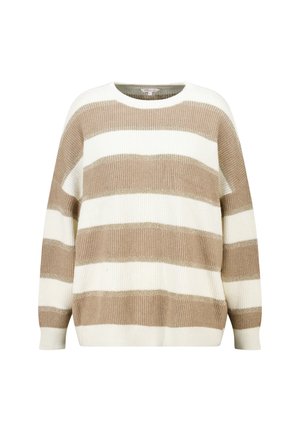 Gehaakte oversized trui met horizontale strepen in beige en wit. Ronde halslijn, ribbelstructuur en een design met verlaagde schouders.