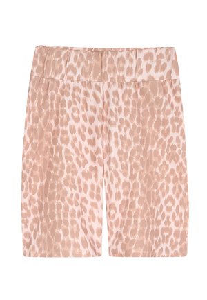 Pantalones cortos de tiro alto con estampado de leopardo en rosa claro y beige, fabricados con tela lisa y con una cintura elástica ancha.