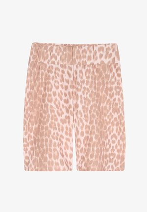 Magasderekú rövidnadrág világos rózsaszín és bézs leopárdmintával, sima anyagból készült, széles elasztikus derékpánttal.