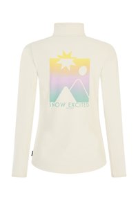 Lange mouwen crèmekleurige pullover met een hoge kraag. Grafische print met pastel bergen, zon en de tekst "SNOW EXCITED". Zachte stof.