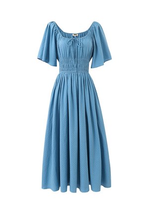 Robe midi bleue avec manches bouffantes jusqu'au coude, corsage froncé, taille plissée, encolure carrée et petit détail noué à l'avant.