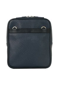 Borsa compatta di forma quadrata in pelle blu navy con trame, dotata di cinturino orizzontale nero e due anelli metallici nella parte superiore.
