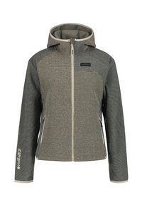 Grau Kapuzenjacke aus strukturiertem Material, mit einem Reißverschluss vorne, Seitentaschen und einem Logo auf der Brust. Kontrastierende Akzente an den Ärmeln.
