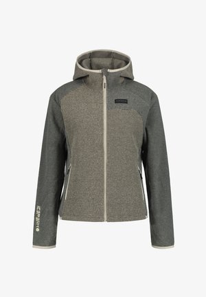 Veste à capuche grise en tissu texturé, avec fermeture éclair à l'avant, poches latérales et logo sur la poitrine. Accents contrastants sur les manches.