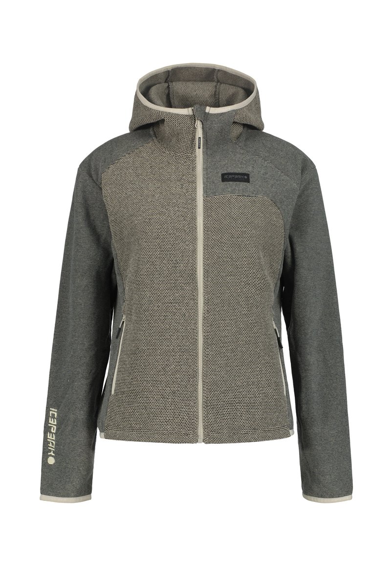Grau Kapuzenjacke aus strukturiertem Material, mit einem Reißverschluss vorne, Seitentaschen und einem Logo auf der Brust. Kontrastierende Akzente an den Ärmeln.