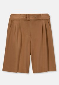 Bruine op maat gemaakte shorts van gladde stof, met een brede riem, plooien en zijzakken, met een rechte snit die tot halverwege de dij valt.
