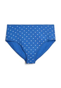 Blue cotton underwear featuring small white heart patterns, with a high-waisted design and soft texture for comfort.