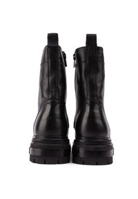 Black leather ankle boots with a sleek design, shown from the back. Features a chunky outsole, zip closure, and pull tab at the heel.