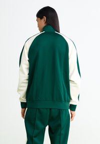 Πράσινο και κρεμ μπουφάν αθλητικών δραστηριοτήτων με ψηλό γιακά, πλεκτές μανσέτες και πλαϊνές ρίγες. Φτιαγμένο από μαλακό ύφασμα με λείο φινίρισμα.