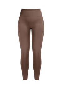 Brune leggings med høj talje i strækstof, der har en glat tekstur uden synlige mønstre eller detaljer. Tæt pasform.
