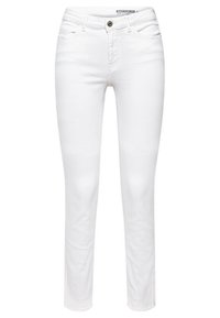 Weiße Denim-Hosen mit klassischer Passform, schlankem Bein-Design, einem einzelnen Metallknopf und Fronttaschen. Glatte Textur ohne sichtbare Muster.