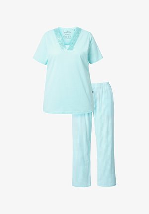 Hellblaues Baumwoll-Zwei-Piece-Pyjama-Set mit einem T-Shirt im V-Ausschnitt und einem gemusterten Ausschnitt sowie gestreiften Hosen. Die Hosen haben einen elastischen Bund.