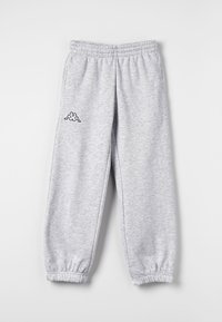 Ljusgrå sweatpants med elastisk midja och muddar, med en liten svart och vit logotyp på vänster lår.