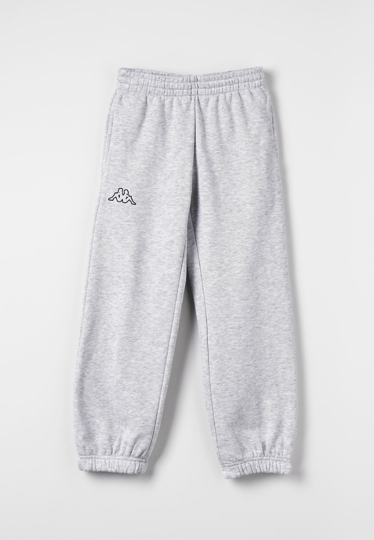 Ljusgrå sweatpants med elastisk midja och muddar, med en liten svart och vit logotyp på vänster lår.