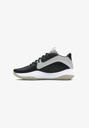 Black athletic shoe with a textured gray panel, white midsole, and rubber outsole featuring a geometric tread pattern. Lace-up design.
