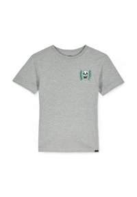Grå kortärmad t-shirt i bomullsblandning, med en grafisk dödskalle-design med gröna accenter på vänster bröstarea. Rund hals, standard passform.