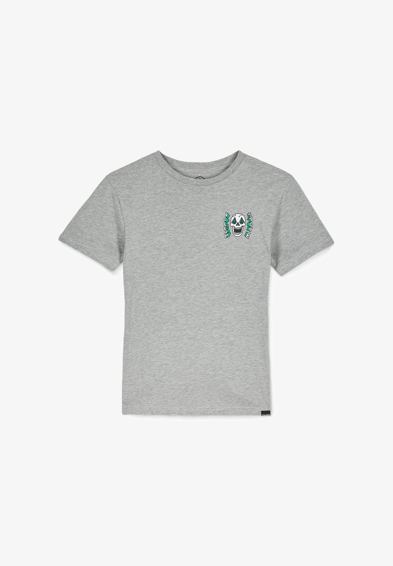 Grey short-sleeve t-shirt in cotton blend, featuring a graphic skull design with green accents on the left chest area. Round neck, standard fit.