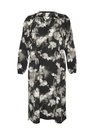Juoda ir balta gėlėta suknelė su ilgomis rankovėmis, V formos iškirpte ir sagų detalėmis. pagaminta iš lengvos medžiagos, turi laisvą, plazdančią formą.