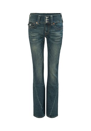 Wypłowiałe niebieskie dżinsy o prostym kroju, pięciopocketowy design i zapinanie na guziki, z dwoma widocznymi guzikami oraz gładkim pasem.