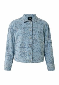 Jasnoniebieska kurtka dżinsowa z białymi i ciemnoniebieskimi haftami w kwiaty. Klasyczny kołnierz, zapięcie na guziki i lekko skrócony fason.