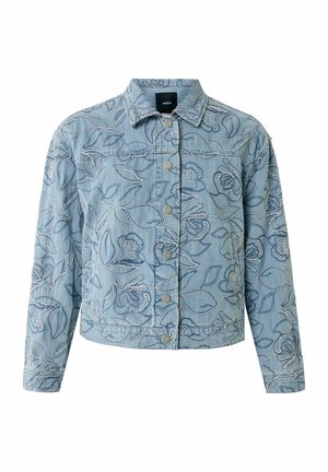 Light blue denim jacket featuring floral embroidery in white and dark blue. Classic collar, button closure, and slightly cropped design.