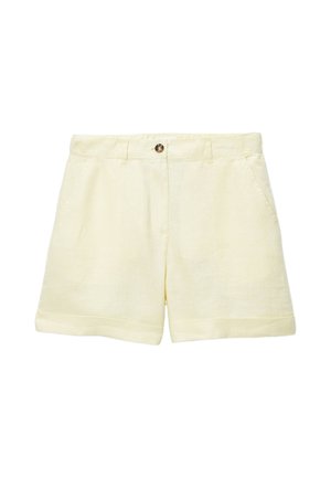 Shorts taille haute jaune clair avec fermeture bouton et zip, poches latérales, passants pour ceinture et ourlets repliés.