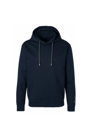 Navy blue hoodie made of cotton blend fabric, featuring a front kangaroo pocket, drawstrings with metal tips, and ribbed cuffs.