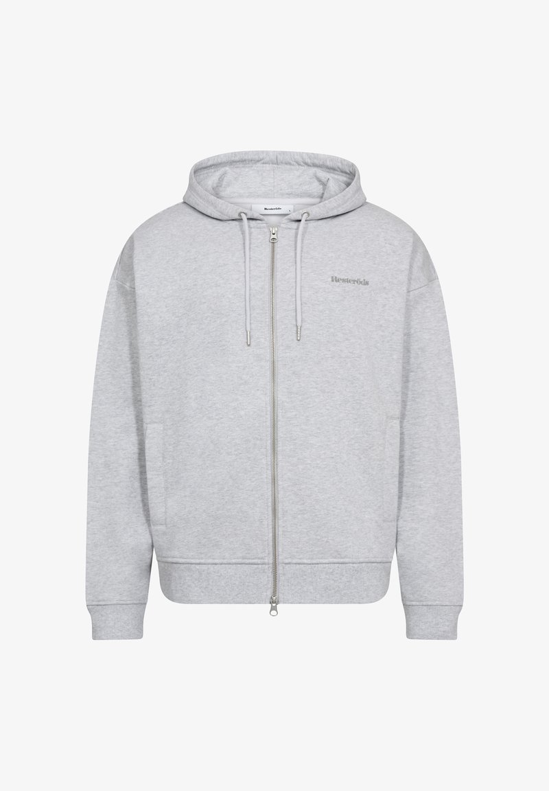 Grau zip-up Hoodie aus einem weichen Baumwollmix mit einer Kapuze mit Kordelzug, gerippten Bündchen und Fronttaschen. Auf der Brust befindet sich ein dezentes Logo.