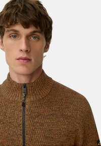 Ung mand med lysebrunt krøllet hår iført en brun strikket zip-up sweater mod en ensfarvet lys baggrund.
