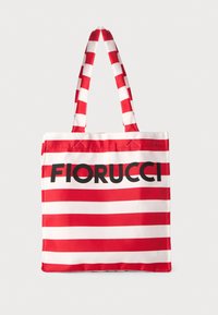 Röd och vit randig tote-väska med breda handtag och en tydlig svart "FIORUCCI"-logotyp över framsidan på en enfärgad bakgrund.