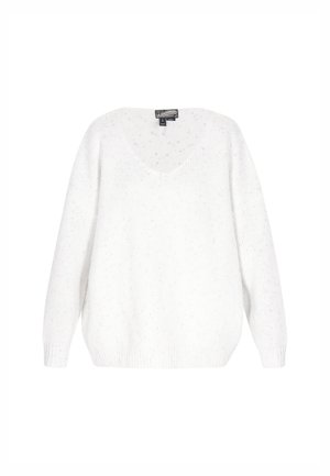 Maglione bianco a maglia con scollatura a V, maniche lunghe e vestibilità ampia. Presenta un motivo testurizzato con piccole macchie sottili.
