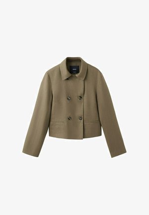 Krótkie, oliwkowozielone, dwurzędowe wełniane żakiet z czterema czarnymi guzikami i klasycznym kołnierzem.