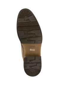 Suola di scarpa marrone con un motivo di battistrada geometrico e logo "Brax" nella sezione del tallone, fotografata su sfondo bianco.