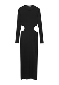 Robe noire à manches longues en tissu côtelé avec des découpes à la taille et une silhouette droite.