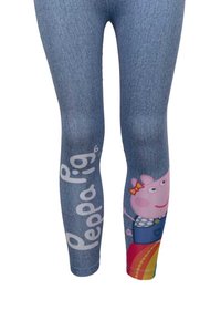 Leggings con efecto denim para niños, con texto de "Peppa Pig" en una pierna y una colorida ilustración del personaje Peppa Pig en la otra pierna.