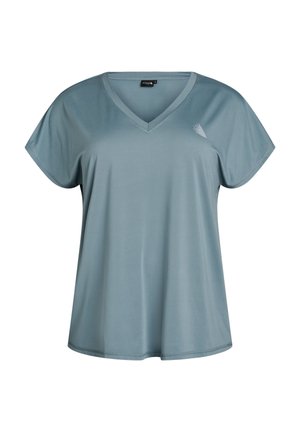 Modro-siva športna majica s kratkimi rokavi in V-izrezom ter majhnim belim logotipom na zgornjem levem delu prsnega koša.