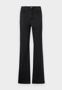 Jean noir taille haute avec fermeture à bouton et zip, avec poches avant et jambes larges légèrement évasées.