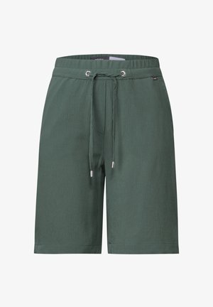 Gröna texturerade shorts med elastisk midja, försedd med dragsko och silverfärgade metallaccenter.